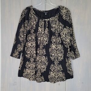 Lucky Brand Peasant Blouse Women 2X Black Damask Print 3/4 Sleeve Keyhole Top